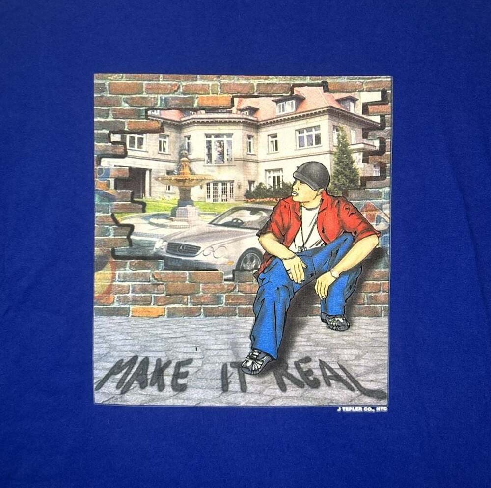 80 Y2K Make It Real Streetwear T-Shirt Fruit of the Loom Blue XXXL